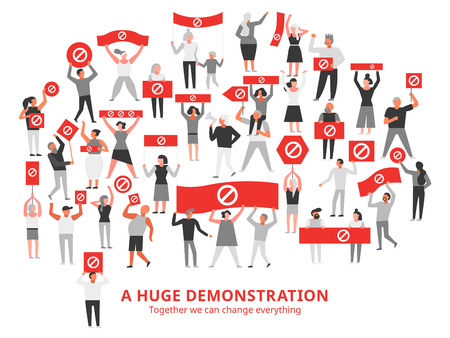 Crowd of protesting people with prohibiting sign on red placards during huge demonstration white background vector illustrationのイラスト素材