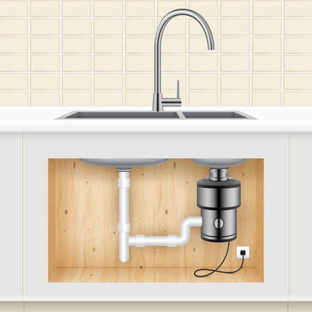 Kitchen sink with food waste disposer connected to electric socket realistic vector illustrationのイラスト素材