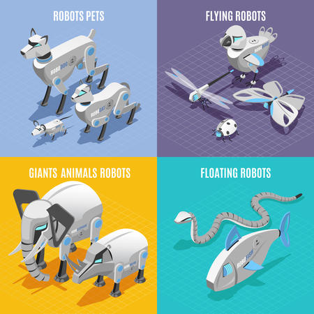 Animals robots concept 4 colorful background isometric icons square with automated pets insects fish snake vector illustrationのイラスト素材