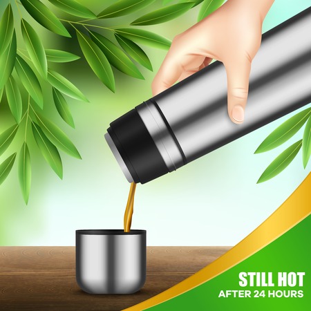 Double wall stainless steel vacuum flask keeping beverage temperature 24 hours in hand realistic advertising vector illustrationのイラスト素材