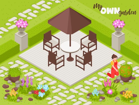 Landscape design background with fence flowers and plants isometric vector illustrationのイラスト素材