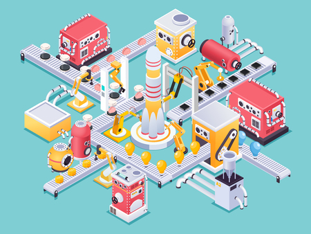 Isometric machine concept in steampunk style space craft manufacturing on turquoise background vector illustrationのイラスト素材