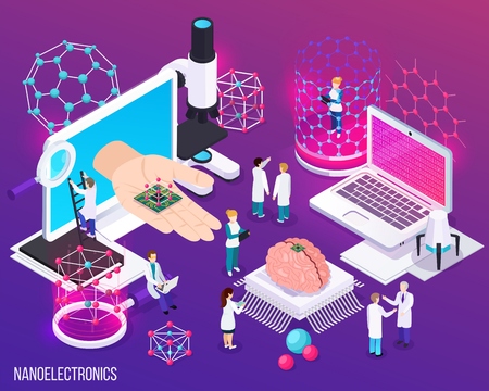 Nanoelectronics isometric composition with icons demonstrated scientific achievements in microbiology and modern medicine vector illustrationのイラスト素材