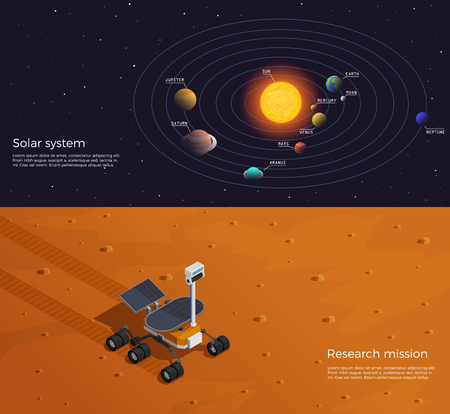Mars colonization two horizontal banners illustrated solar system and research mission isometric compositions vector illustrationのイラスト素材