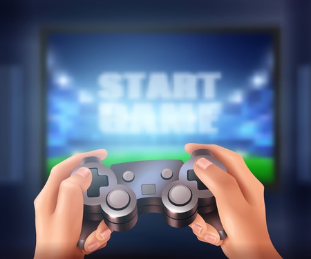 Human hands holding controller and starting video game on big screen realistic vector illustrationのイラスト素材