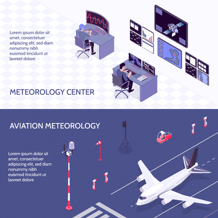 Two horizontal isometric meteorological weather center banner set with meteorology center and aviation meteorology descriptions vector illustrationのイラスト素材