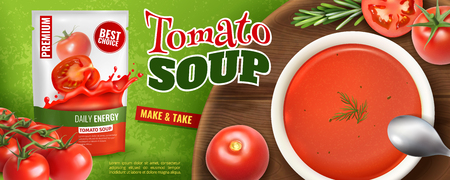 Realistic tomato soup advertising poster with branded packaging and wooden board with plate filled with soup vector illustrationのイラスト素材