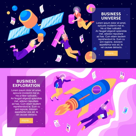 Business universe and  business exploration two abstract horizontal banners isometric vector illustrationのイラスト素材