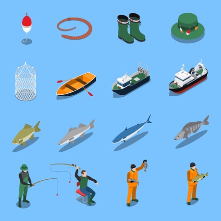 Fishing isometric icons set with boats and equipment symbols isolated vector illustrationのイラスト素材