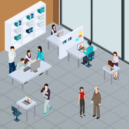 Staff at office during work at computers and business conversation isometric vector illustrationのイラスト素材