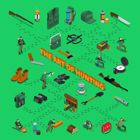 Hunting isometric flowchart with art of hunting and tracking symbols vector illustrationのイラスト素材