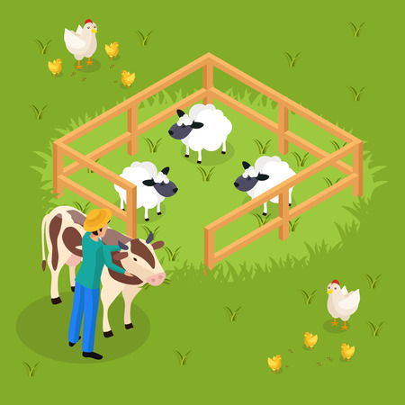 Ordinary farmers life isometric background with cattle and farm animals sheepfold and human character embracing cow vector illustrationのイラスト素材