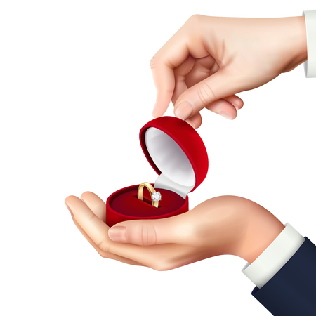 Open jewelry box with engagement wedding ring in hand realistic composition for marriage proposal present vector illustrationのイラスト素材