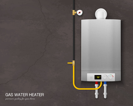 Colored and realistic gas water heater boiler composition with tools on the wall on gray background vector illustrationのイラスト素材