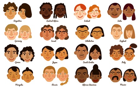 Set of international human faces of man and woman from different countries isolated vector illustrationのイラスト素材
