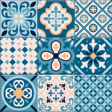Colored and realistic ceramic floor tiles ornaments icon set for creation of different pattern vector illustrationのイラスト素材