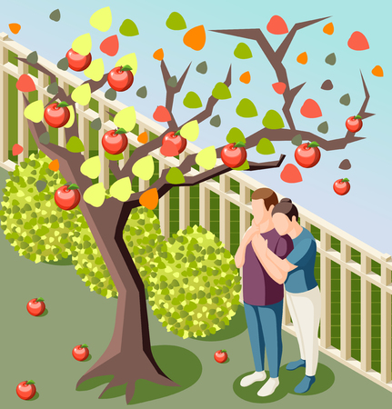 Happy couple hugging under apple tree isometric composition poster outdoor autumn day harvest garden background vector illustrationのイラスト素材