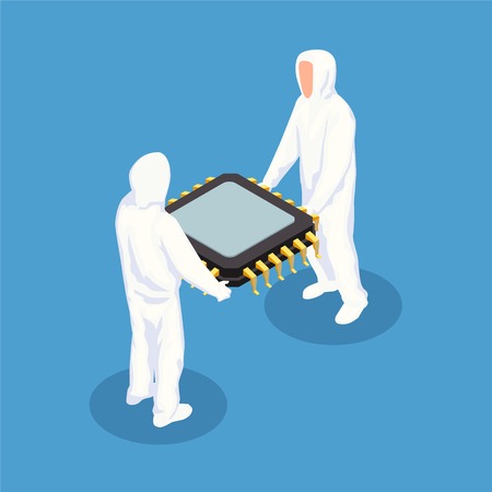 Semiconductor isometric design concept with two men in white protective clothing holding big...