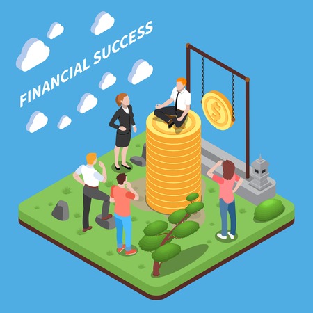 Financial success isometric composition human characters looking at man on top of heap of money vector illustrationのイラスト素材