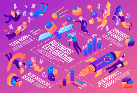 Business space infographics layout with strategic planning team work new products launch isometric elements vector illustrationのイラスト素材