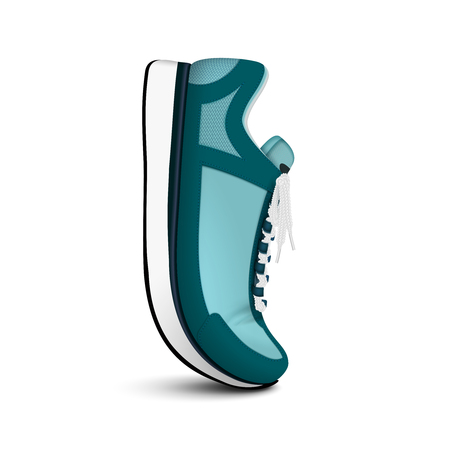 Unisex sport training running shoe isolated realistic side view of vertically positioned green trendy sneaker vector illustrationのイラスト素材