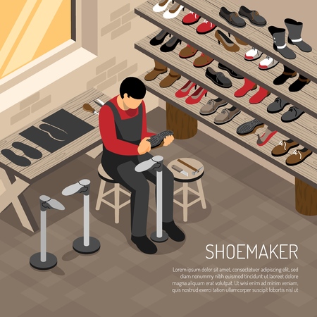 Shoe maker during work on background of shelves with foot wear isometric vector illustrationのイラスト素材