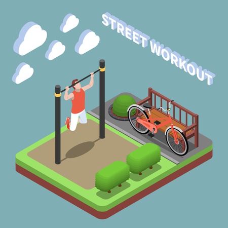 Outdoor exercises isometric composition with young man during pulling up on cross bar turquoise background vector illustrationのイラスト素材