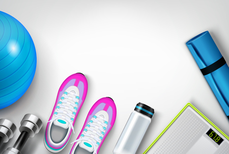 Fitness shoes sneakers water bottle mat scale dumbbells exercise ball realistic background top view composition vector illustrationのイラスト素材