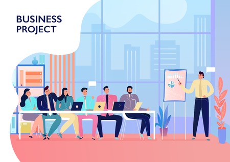 Office workers presenting and discussing business project at meeting flat vector illustrationのイラスト素材