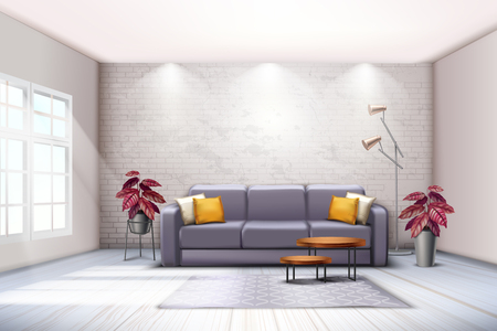 Spacious room interior with sofa floor lamps and decorative purplish tones colored leaves plants realistic vector illustrationのイラスト素材
