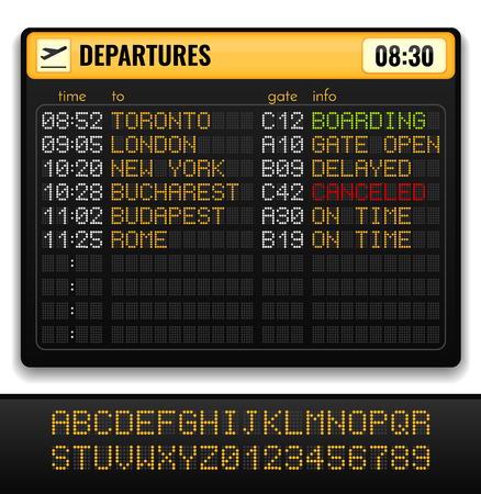 Electronic airport board realistic composition with yellow alphabets on board and departures info vector illustrationのイラスト素材