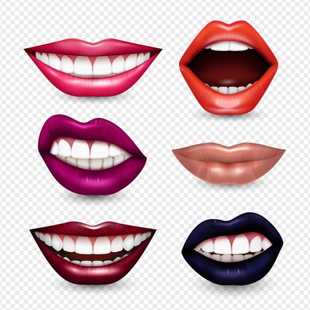 Mouth expressions lips body language  realistic set with bright drawing attention lipstick colors transparent background vector illustrationのイラスト素材