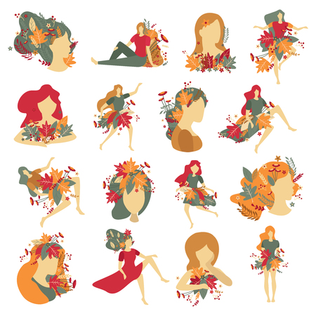 Portraits of girls with decorations from autumn flowers and leaves set of flat icons isolated vector illustrationのイラスト素材