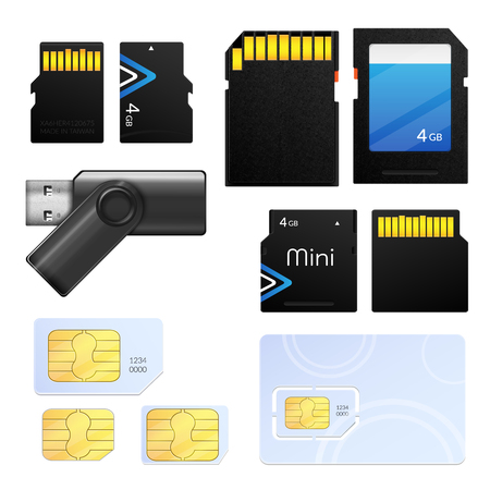 Isolated realistic memory card sim icon set with different types for different tech vector Illustrationのイラスト素材