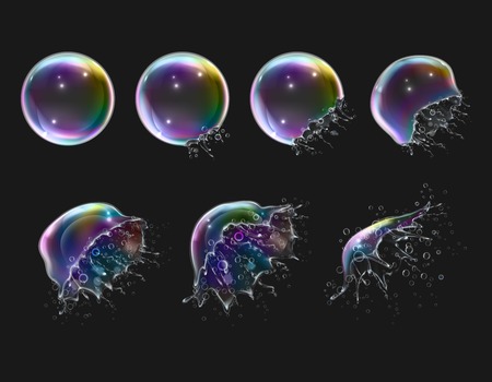 Explosion stages of realistic glossy round rainbow soap bubbles on black background isolated vector illustrationのイラスト素材