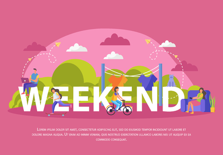 Lazy weekends people flat poster with big weekend headline and people sit on it vector illustrationのイラスト素材