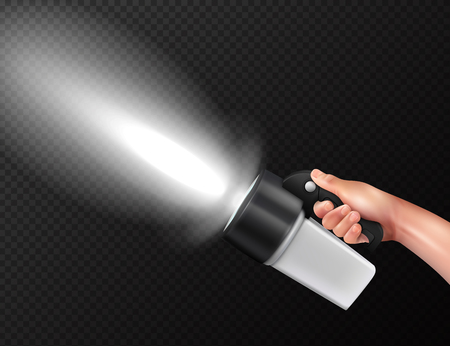 Modern powerful high lumen handheld torch flashlight in hand realistic composition against dark transparent background vector illustrationのイラスト素材