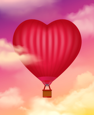 Air baloon in heart shape realistic background with clouds vector illustrationのイラスト素材