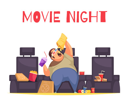 Movie night concept with gluttony and overeating symbols flat vector illustrationのイラスト素材