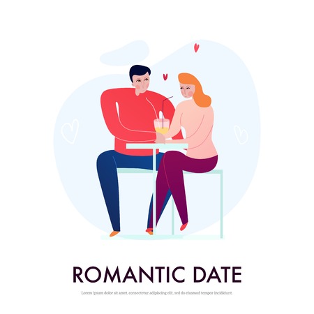 Young couple having romantic date in cafe flat vector illustrationのイラスト素材