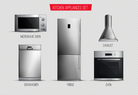 Set of realistic contemporary kitchen appliances front view isolated on transparent background vector illustrationのイラスト素材