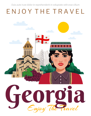Georgia travel agency tourists guide flat advertisement invitation poster with national flag grape landmarks clothing vector illustrationのイラスト素材