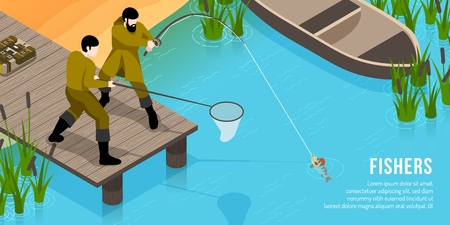 Fishers on wooden pier with tackles during fish catching isometric horizontal vector illustrationのイラスト素材