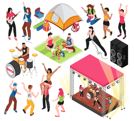 Open air music festival set with human characters of fest visitors and musicians isolated vector illustrationのイラスト素材