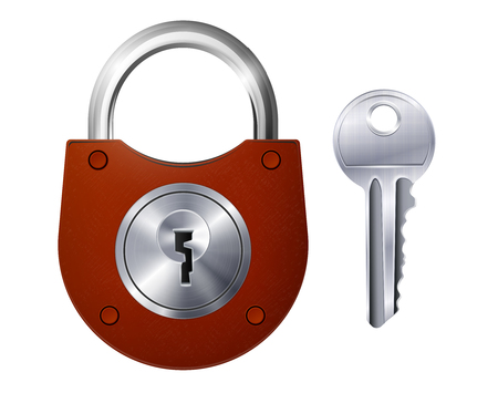 New red padlock and metallic key isolated decorative icons on white background realistic vector illustrationのイラスト素材