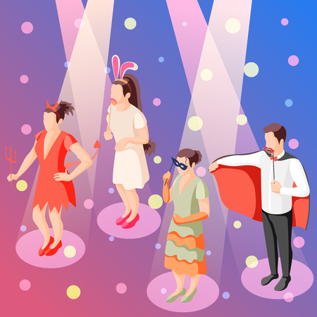 Photo booth party celebration accessories isometric festive background poster with people holding props in spotlights vector illustrationのイラスト素材