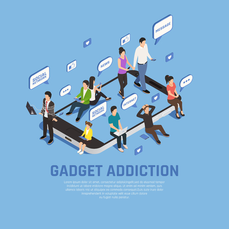 Internet smartphone gadget addiction isometric composition background with images of smartphone thought bubbles and people characters vector illustrationのイラスト素材