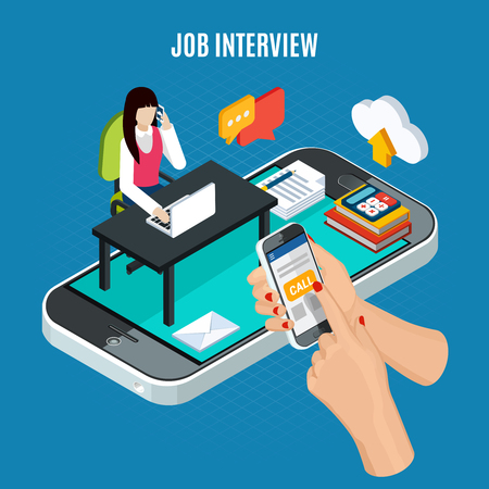 Business people isometric concept with images of recruitment phone agent with smartphones pictogram icons and text vector illustrationのイラスト素材