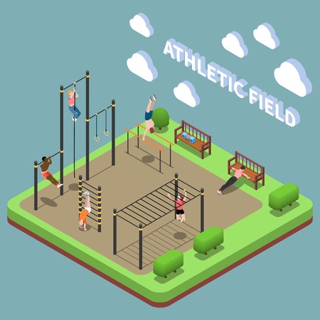 Human characters during training on athletic field with sports facilities isometric composition on turquoise background vector illustrationのイラスト素材