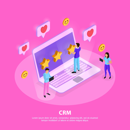 CRM system composition with customers laptop elements of loyalty and rating on pink background isometric vector illustrationのイラスト素材